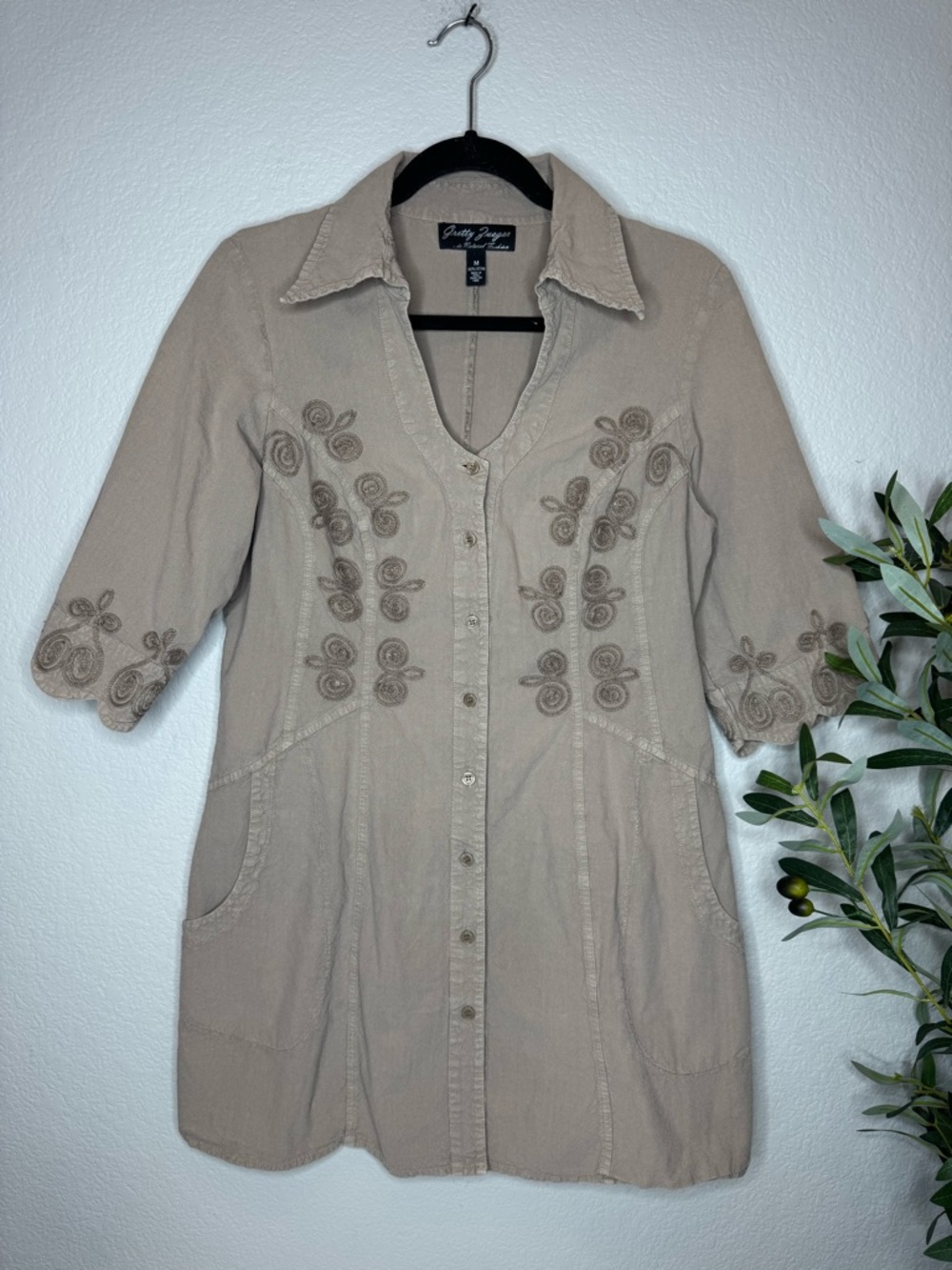 Gretty Zueger Beige Embroidered Dress Medium Button from Western Festival Boho
